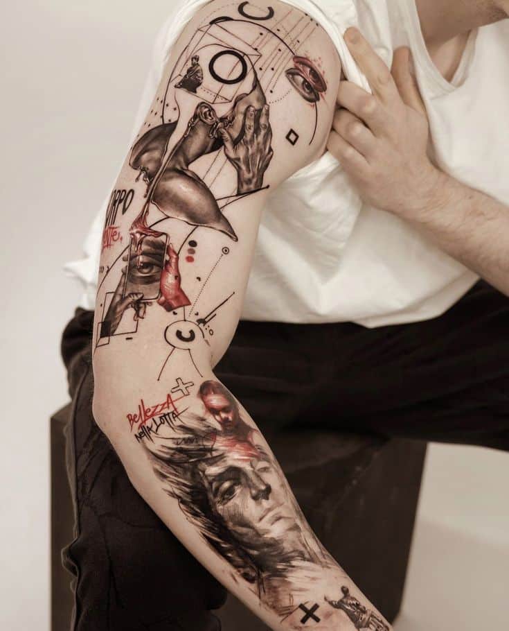Tattooed arm showcasing abstract designs and portraits with intricate details and geometrical elements.