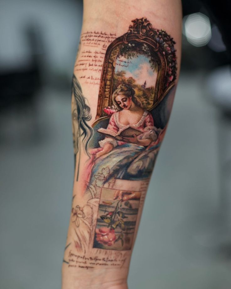 _ 15 Intricate tattoo featuring a woman reading, floral designs, and artistic text on an arm. | Sky Rye Design Intricate tattoo featuring a woman reading, floral designs, and artistic text on an arm.