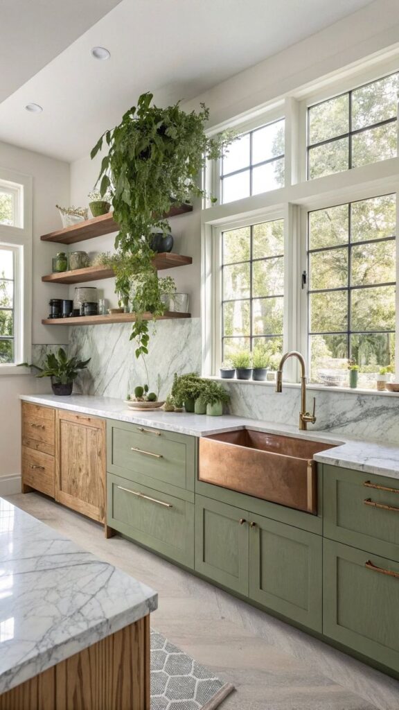 Modern kitchen with green cabinets, copper sink, marble countertops, and potted plants by a large window.