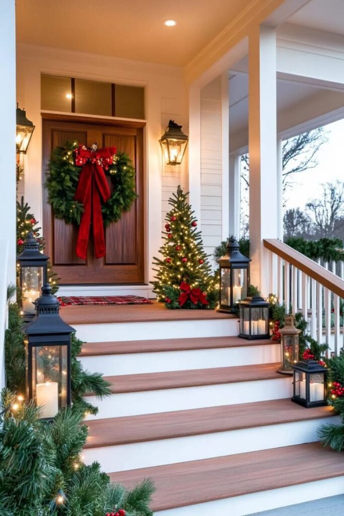15 Christmas Decor Ideas for a Front Porch DIY Thats Simple but Stunning Festive Christmas porch with wreath, lanterns, and decorated tree, creating a warm holiday welcome. | Sky Rye Design Festive Christmas porch with wreath, lanterns, and decorated tree, creating a warm holiday welcome.