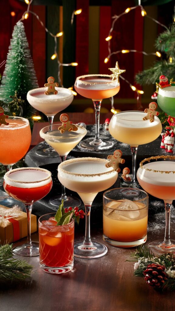 Festive holiday cocktails with gingerbread men garnishes, surrounded by Christmas decor and lights.