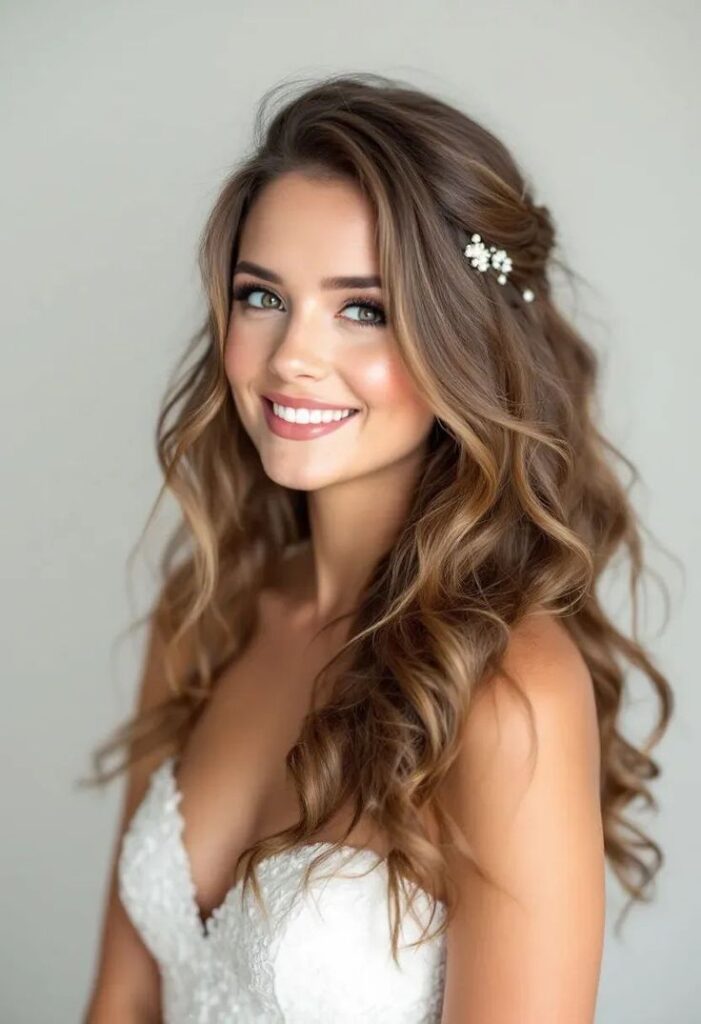 Smiling woman in a white dress with wavy hair and floral hairpiece, looking at the camera.