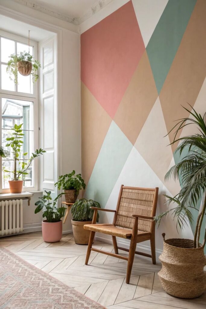 Modern living room with geometric wall, wicker chair, and indoor plants by a large window.