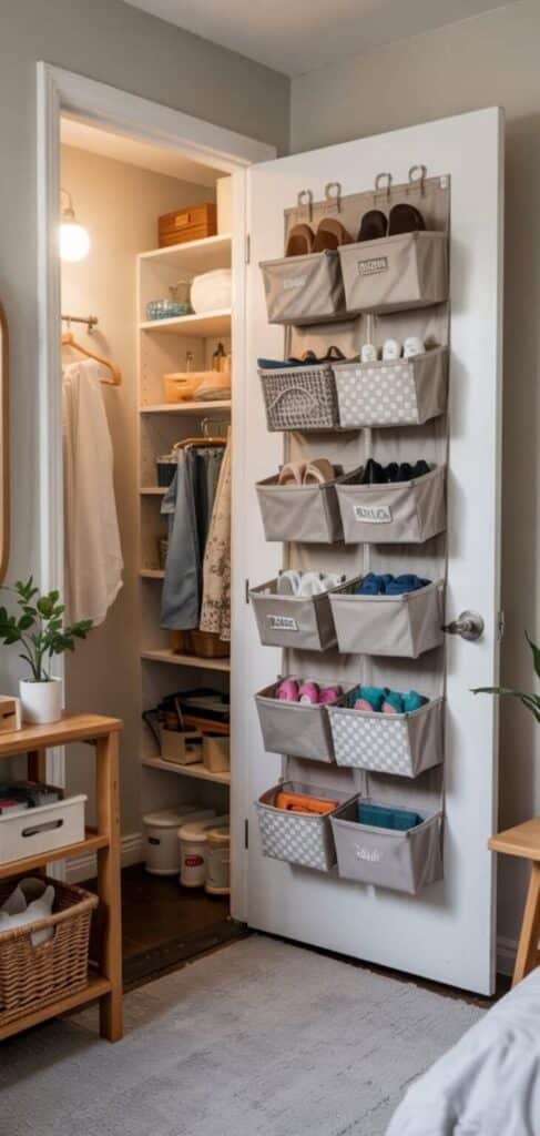 Over-the-door shoe organizer with storage pockets in a tidy closet space.