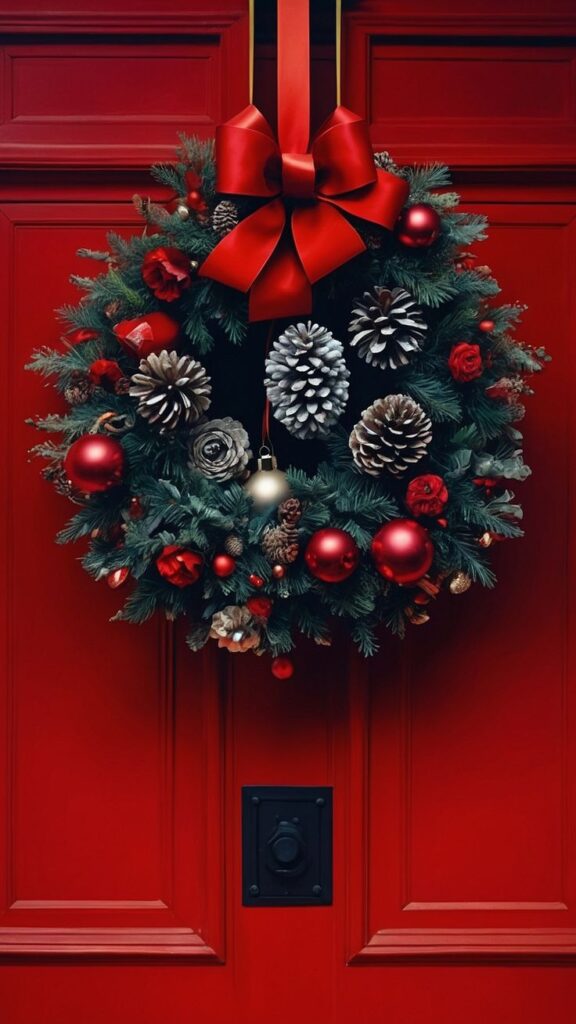 Festive Christmas wreath with red bow, pinecones, and ornaments on a red door.