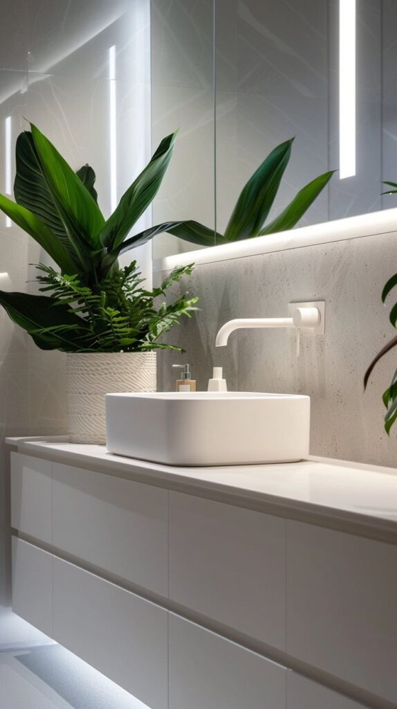 Modern bathroom with sleek white sink, minimalist faucet, and lush green plants.
