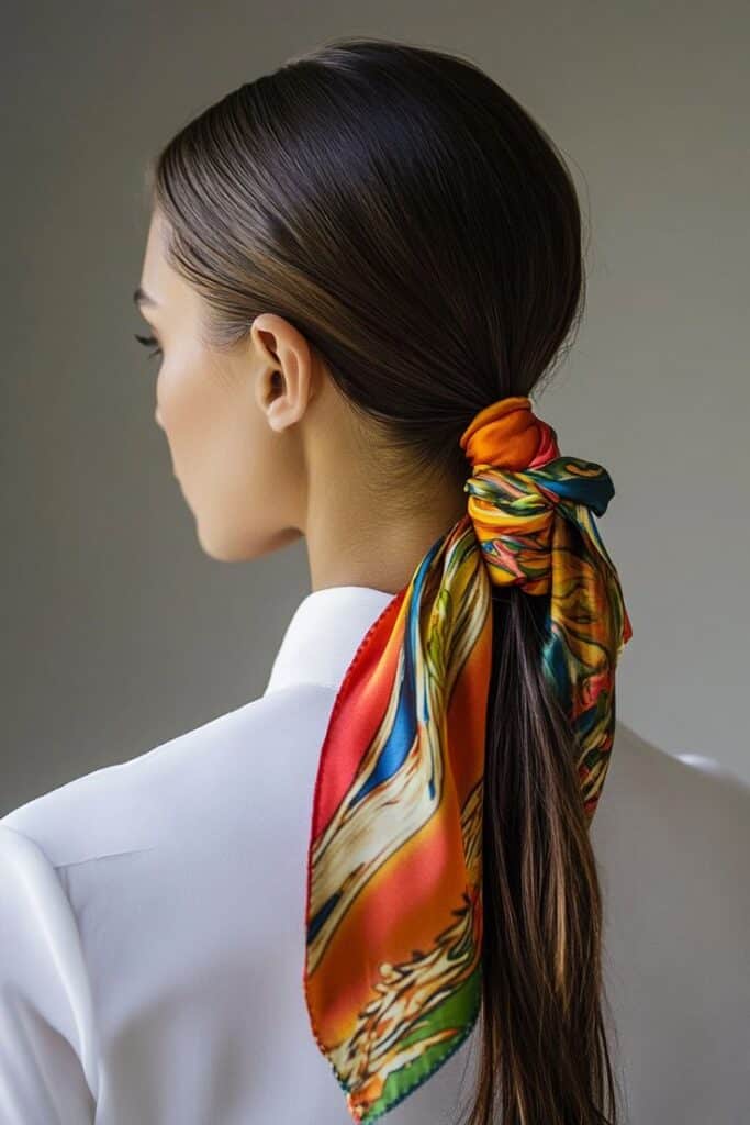 Woman with sleek ponytail tied with a colorful silk scarf, wearing a white shirt, viewed from the back.