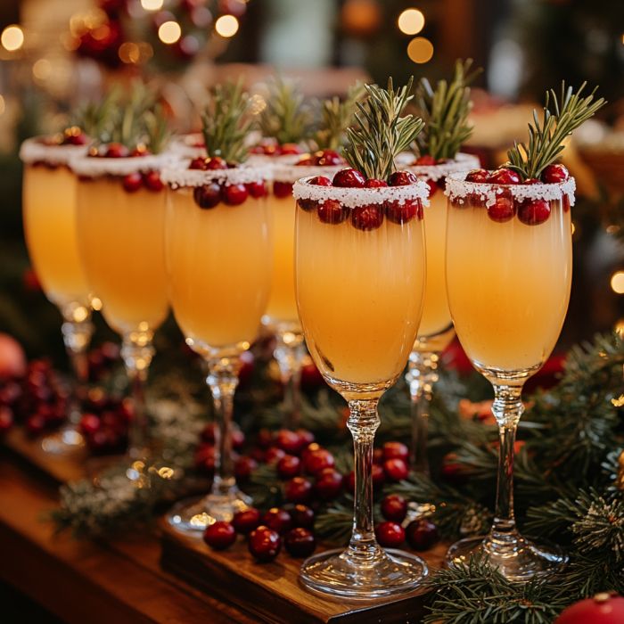 Festive holiday drinks with cranberry and rosemary garnishes in elegant glasses on a decorated table.