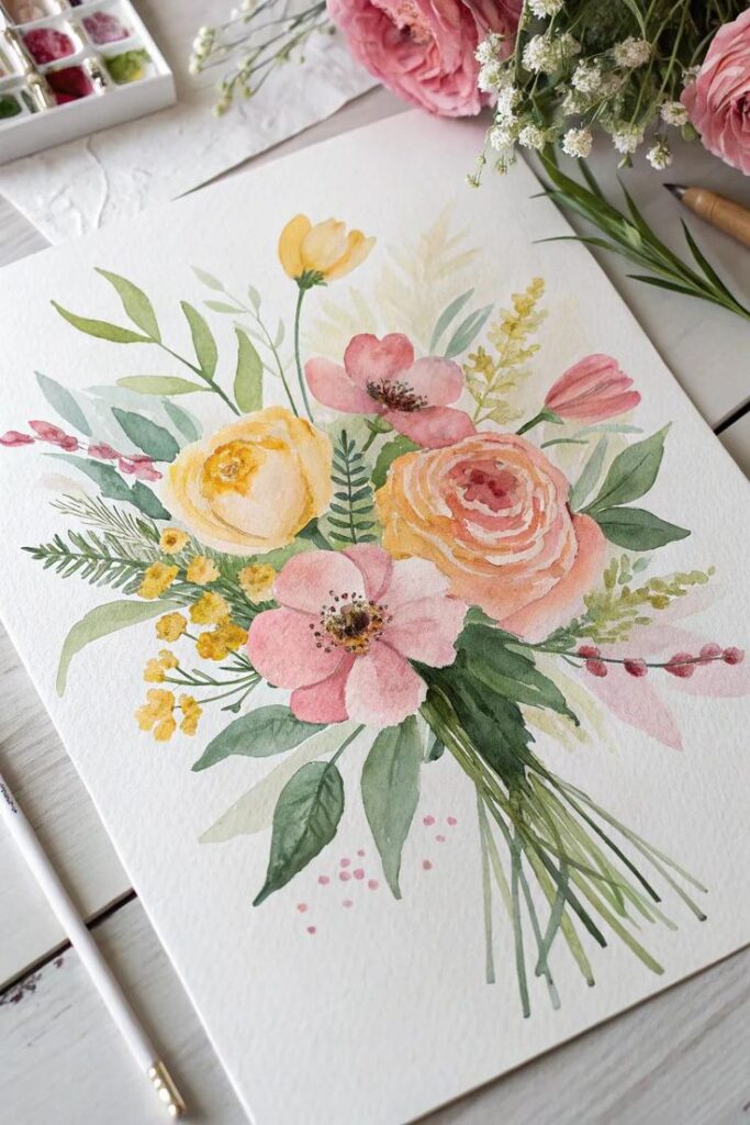 Watercolor painting of a vibrant floral bouquet with pink and yellow flowers and green leaves on a white canvas.