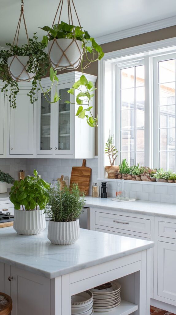 White kitchen with hanging and potted plants, marble countertops, and natural light through large windows.