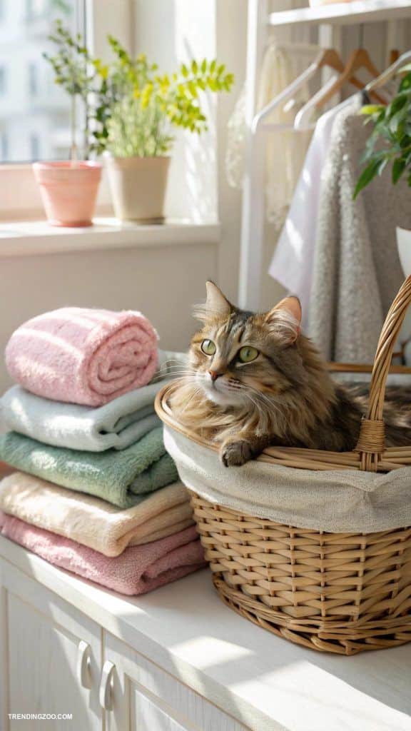 15 Paw-some DIY Dog Crafts to Keep Your Furry Pal Entertained Cat lounging in wicker basket by folded pastel towels on a sunny windowsill, plants in the background. | Sky Rye Design Cat lounging in wicker basket by folded pastel towels on a sunny windowsill, plants in the background.