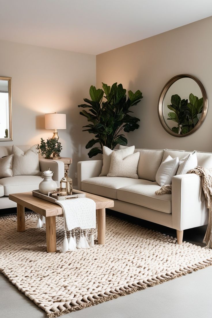15 Stylish Neutral Living Room Ideas to Refresh Your Home Modern living room with beige sofas, wooden table, cozy decor, large plant, and round mirror reflecting serene ambiance. | Sky Rye Design Modern living room with beige sofas, wooden table, cozy decor, large plant, and round mirror reflecting serene ambiance.