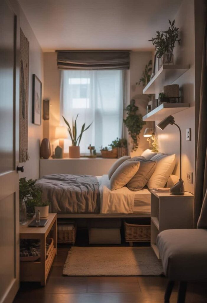 Cozy small bedroom with plants, shelves, and soft lighting creates a warm, inviting atmosphere.