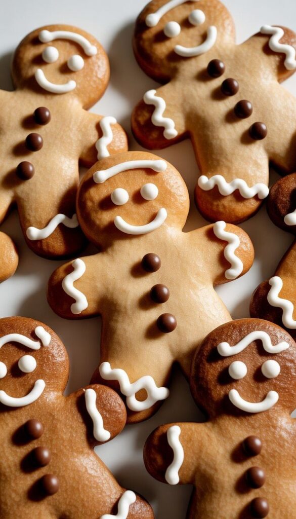 Smiling gingerbread cookies with icing decorations, perfect for holiday treats and festive baking inspirations.