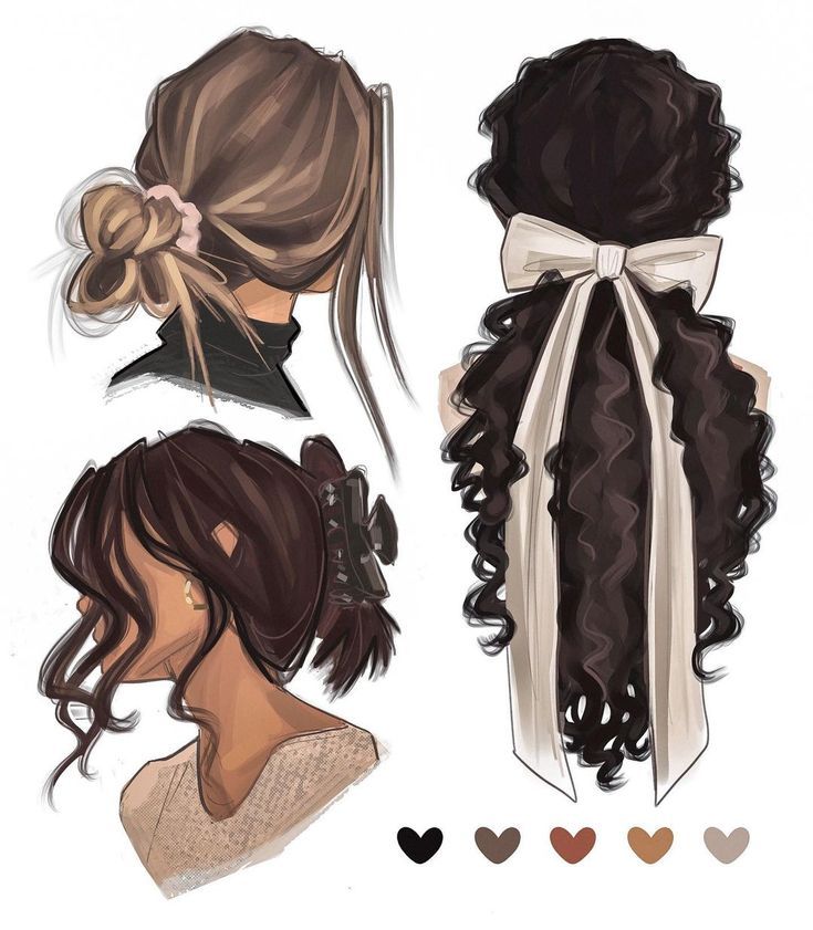 Illustrated hairstyles with accessories: low bun, curly ponytail with bow, and wavy updo with clips.