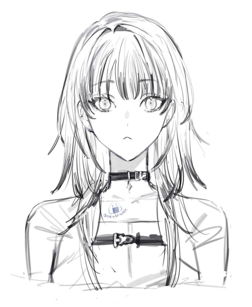 15176fdc10ac663eb42c6b06ca5a04ef Black and white anime sketch of a girl with long hair, detailed eyes, and buckled choker neckband. | Sky Rye Design Black and white anime sketch of a girl with long hair, detailed eyes, and buckled choker neckband.