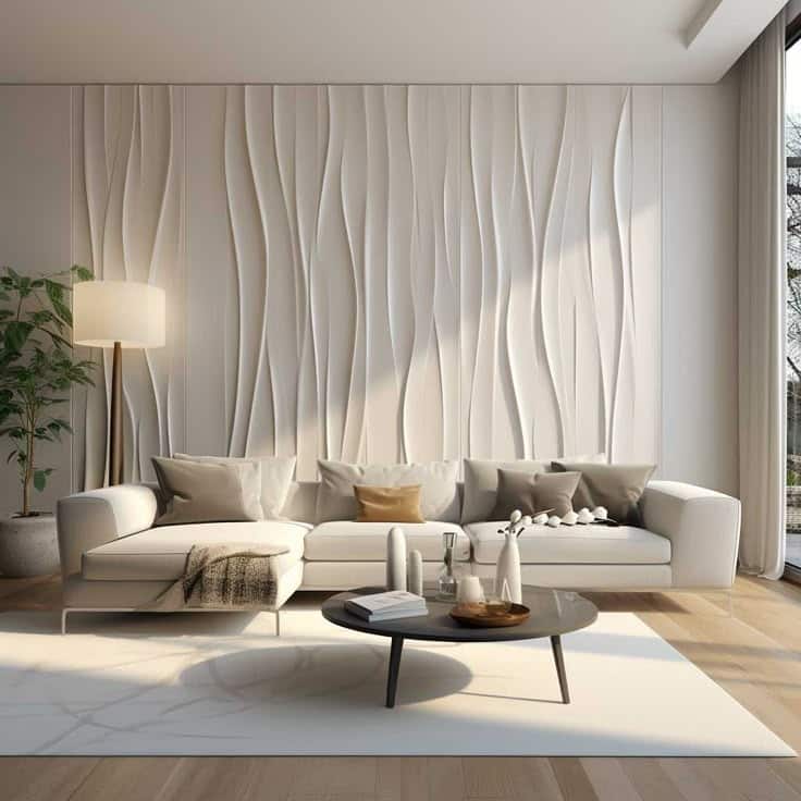 155f89f0-7b28-4724-99b0-9daa22ee1053 Modern living room with white sofa, textured wall, and sunlight through large window. Minimalist decor. | Sky Rye Design Modern living room with white sofa, textured wall, and sunlight through large window. Minimalist decor.