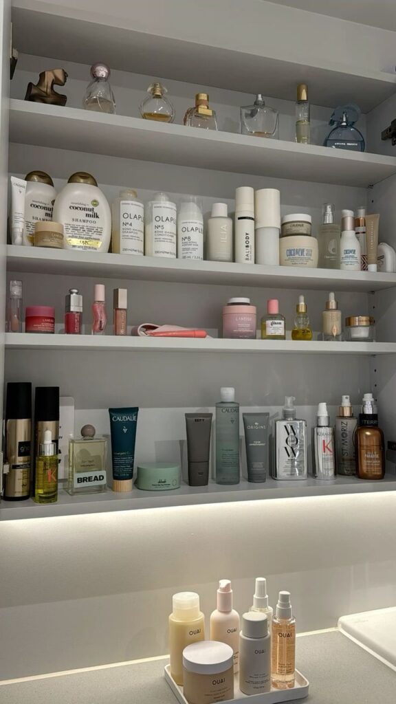 157d23f6-fb04-486a-8216-a93e76326899 Bathroom shelf filled with a variety of skincare, haircare, and beauty products, neatly organized and displayed. | Sky Rye Design Bathroom shelf filled with a variety of skincare, haircare, and beauty products, neatly organized and displayed.