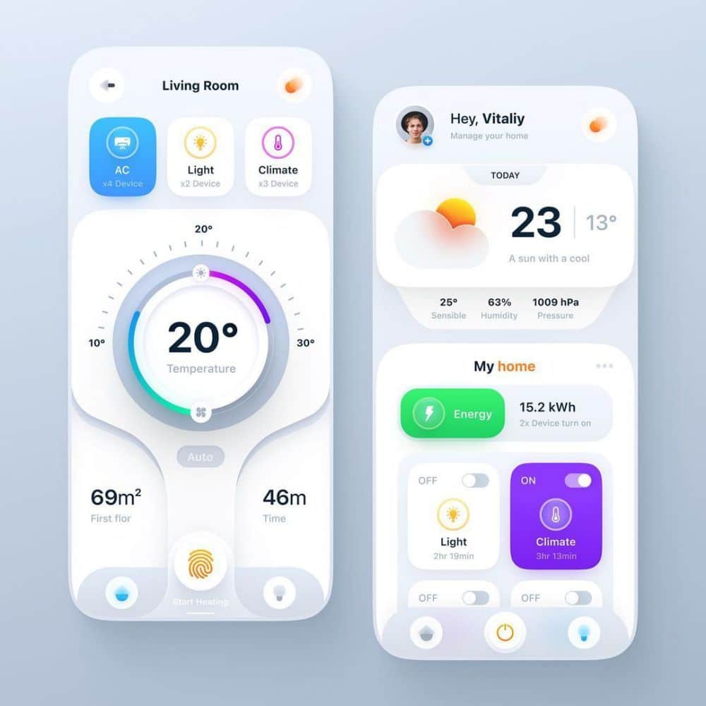 Smart home app interface showing temperature, weather, energy usage, and device controls in a modern design.