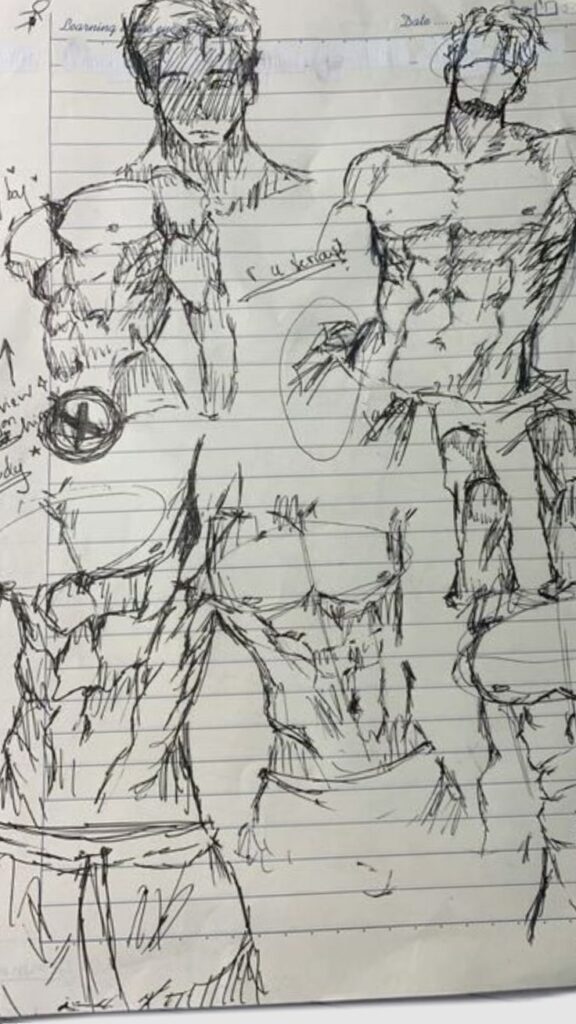 Hand-drawn male anatomy sketches on lined paper, showing various muscular poses and torso details.