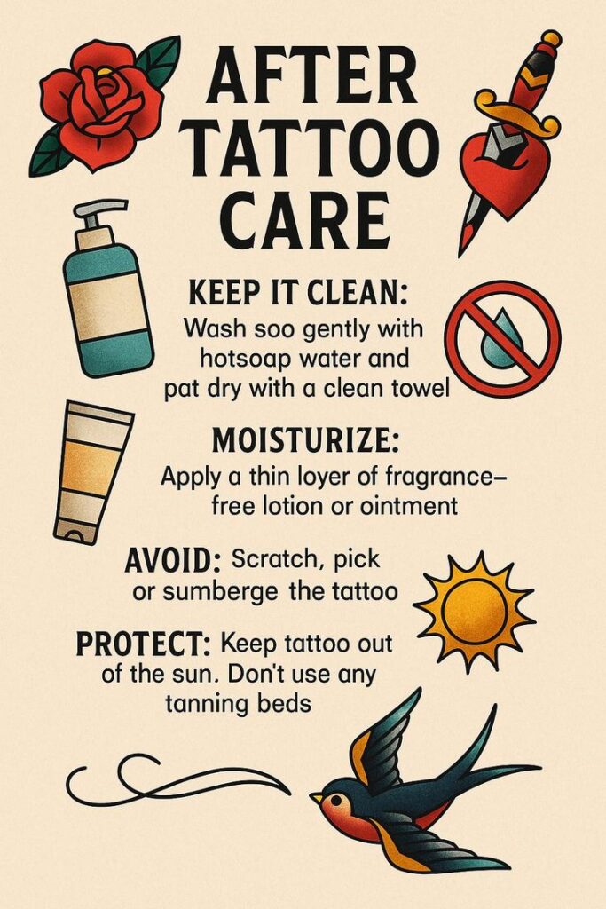 _ 16 Tattoo care tips: Keep clean, moisturize, avoid damage, protect from sun. Includes icons and advice text. | Sky Rye Design Tattoo care tips: Keep clean, moisturize, avoid damage, protect from sun. Includes icons and advice text.
