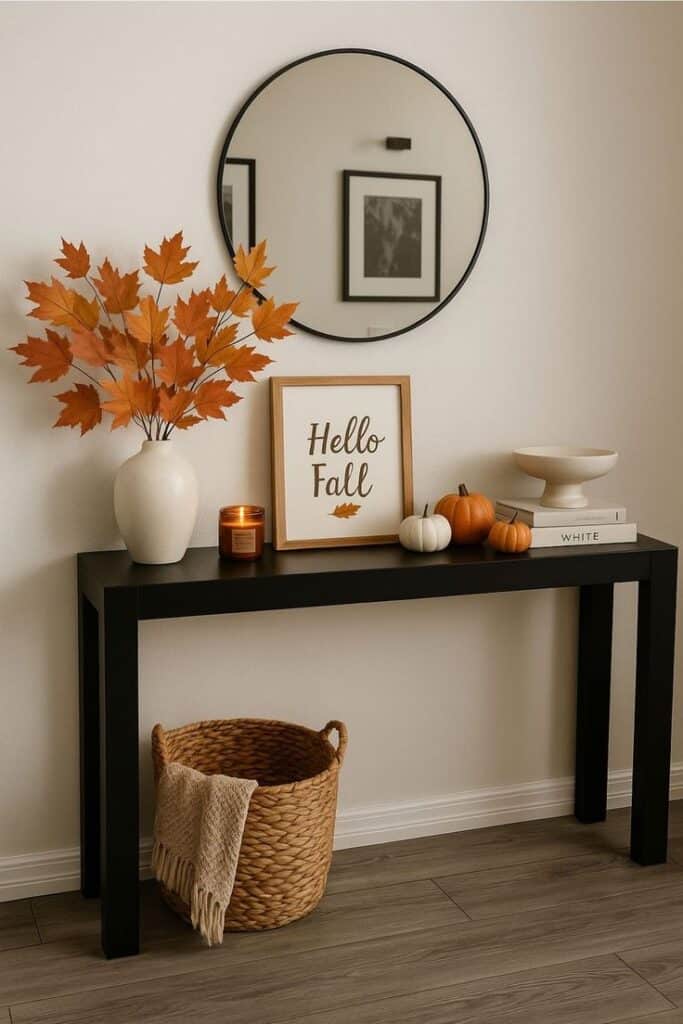 _ 16 Modern fall decor with orange leaves, pumpkins, and Hello Fall sign on black console table below round mirror. | Sky Rye Design Modern fall decor with orange leaves, pumpkins, and Hello Fall sign on black console table below round mirror.