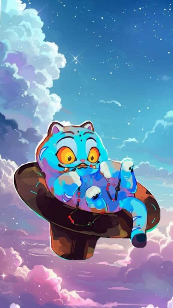 Cute blue cat with big yellow eyes in a hat, floating in a starry sky surrounded by colorful clouds.