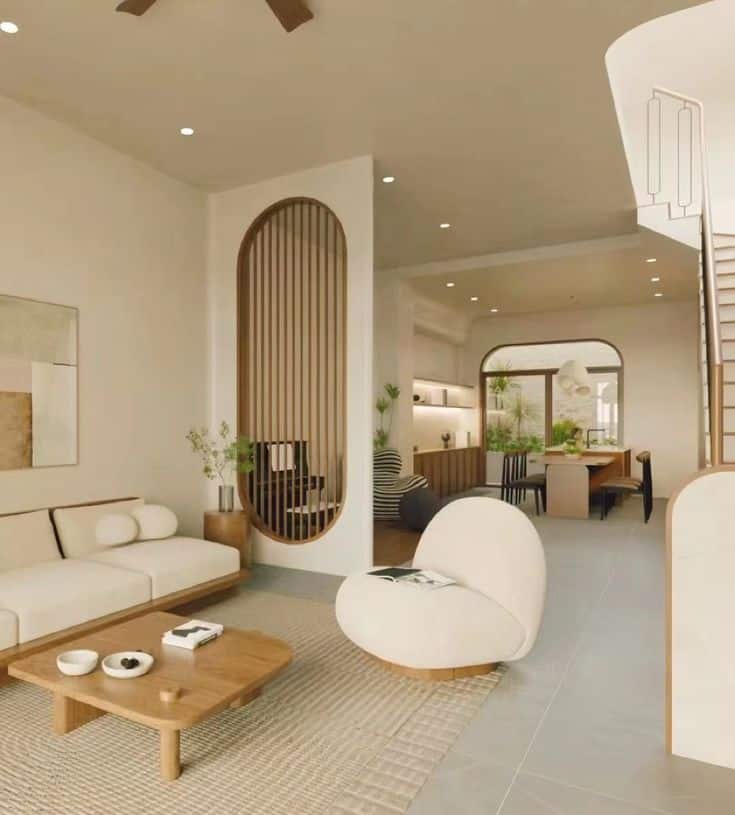 _ 16 Modern living room with minimalistic design, beige furniture, natural wood accents, and open dining area in the background. | Sky Rye Design Modern living room with minimalistic design, beige furniture, natural wood accents, and open dining area in the background.