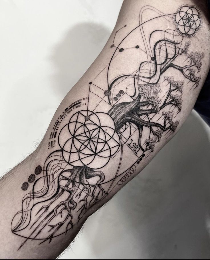 Abstract tree tattoo with geometric shapes and roots on a forearm, featuring intricate lines and a modern design.