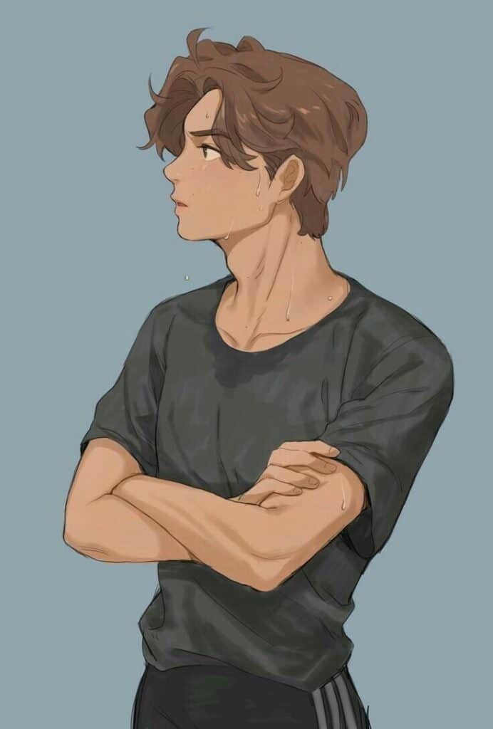 Anime character with brown hair and crossed arms, wearing a black shirt, against a blue background.
