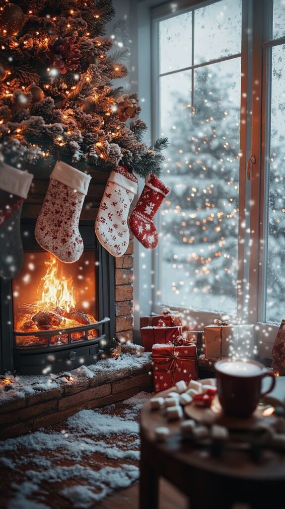 Cozy Christmas scene with stockings by the fireplace, gifts, and snow outside. Warm holiday ambiance.