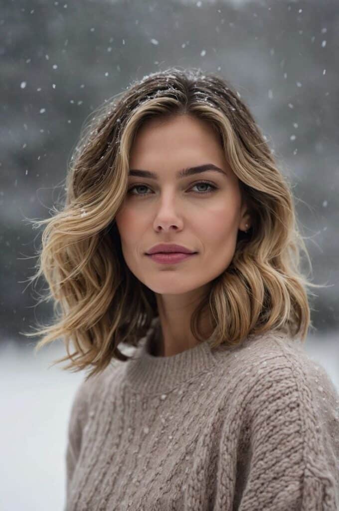 Woman in a cozy sweater with snow falling gently in a wintry landscape.
