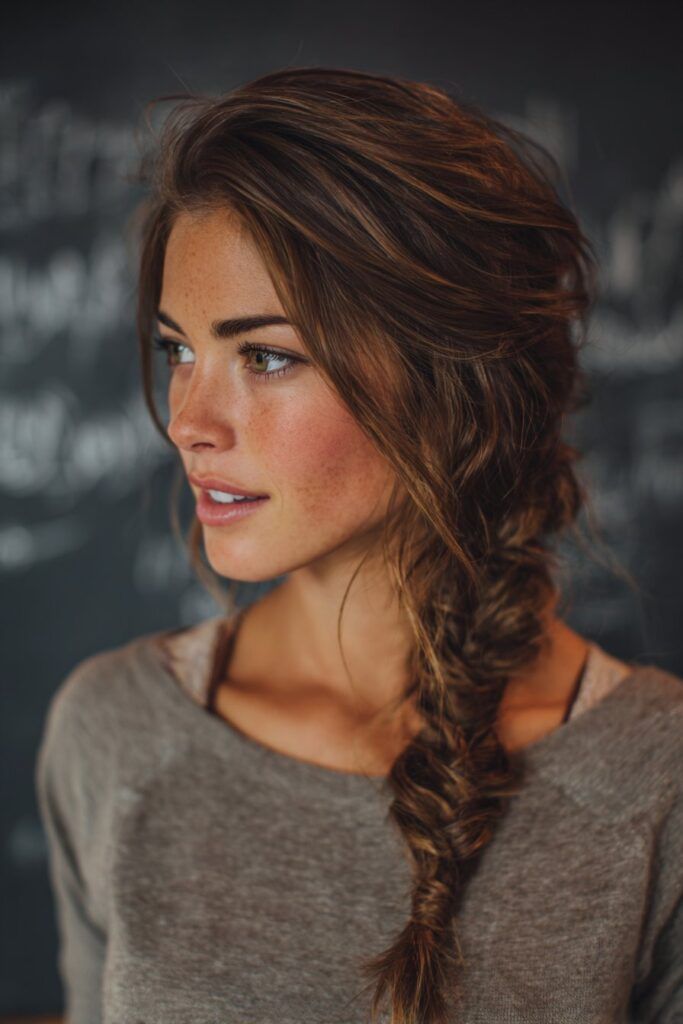 Young woman with a braided hairstyle, wearing a gray sweater, against a blurred chalkboard background.