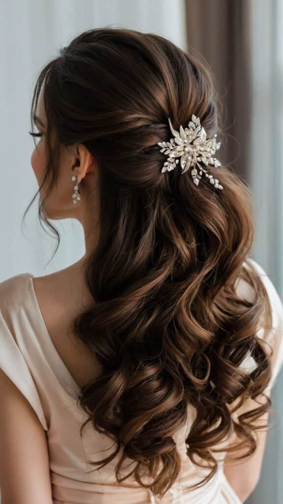 Elegant bridal hairstyle with curls and pearl hairpiece.