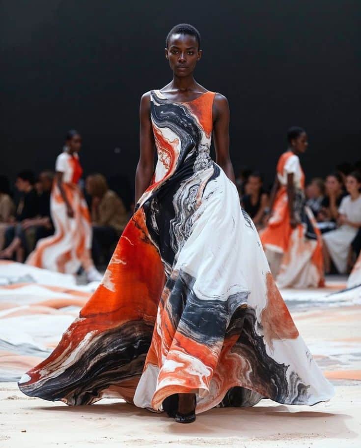 Model wearing a vibrant, abstract-patterned gown on the runway at a fashion show.