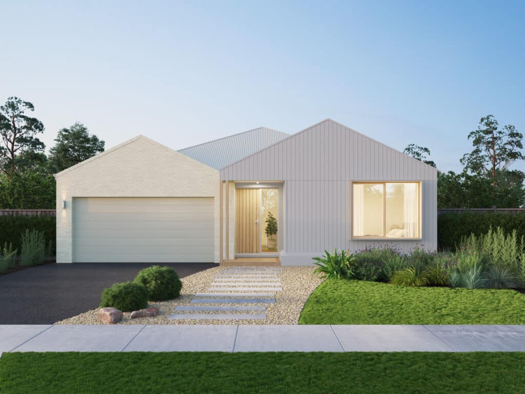 16467813262m0aqrrkttlcbltj8ue9e2ph5dceb2 Modern single-story house with a garage, garden, and lit windows at dusk. | Sky Rye Design Modern single-story house with a garage, garden, and lit windows at dusk.