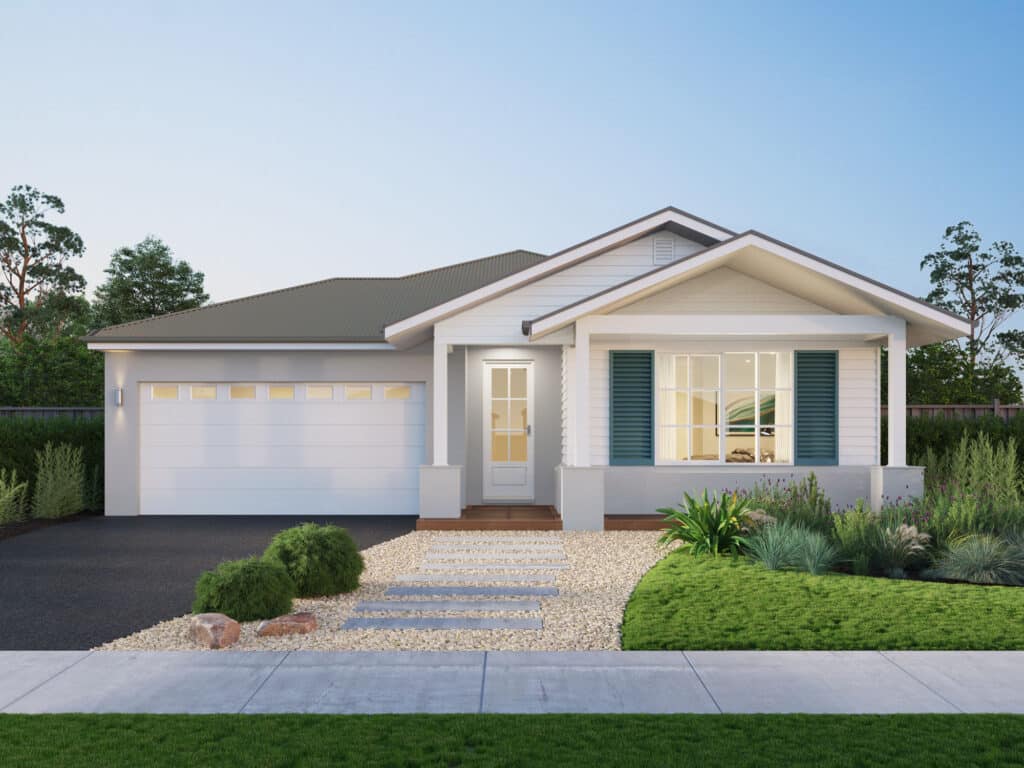 1646781340hjdwncgtb1ftn7yihcxq7n0vsapxef Modern single-story house exterior with garden, white siding, large window, and two-car garage. | Sky Rye Design Modern single-story house exterior with garden, white siding, large window, and two-car garage.