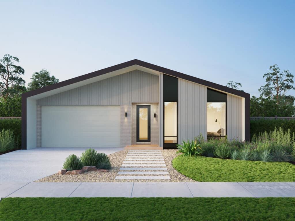 16467815653q5banc4651xtg83zjybm7ov6v5clo Modern single-story house with large windows, sleek roof, and landscaped front yard in daylight. | Sky Rye Design Modern single-story house with large windows, sleek roof, and landscaped front yard in daylight.