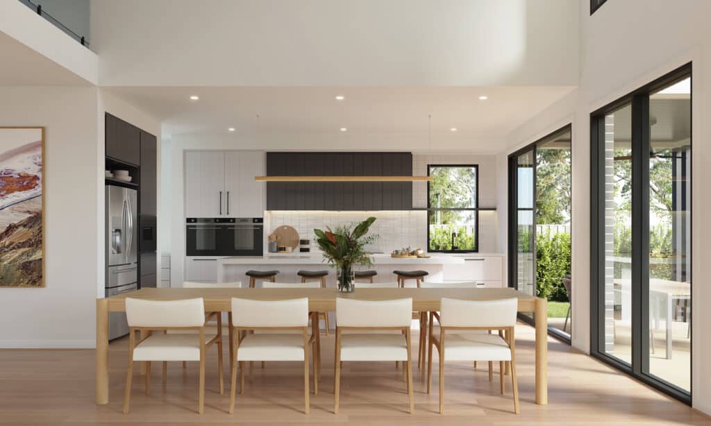 1650427323oqo5y7p7m62smhceval6vaqm113n0b Modern open-plan kitchen and dining area with wooden table, stylish chairs, island bar, and large windows for natural light. | Sky Rye Design Modern open-plan kitchen and dining area with wooden table, stylish chairs, island bar, and large windows for natural light.