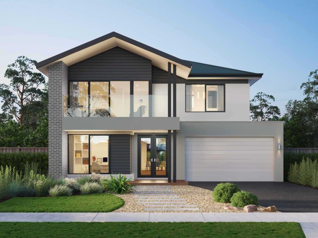 1652761503yml4emsazxfz3q1kvz8fdpjibgghqk Modern two-story house with large windows, landscaped front yard, and a double garage under a clear blue sky. | Sky Rye Design Modern two-story house with large windows, landscaped front yard, and a double garage under a clear blue sky.