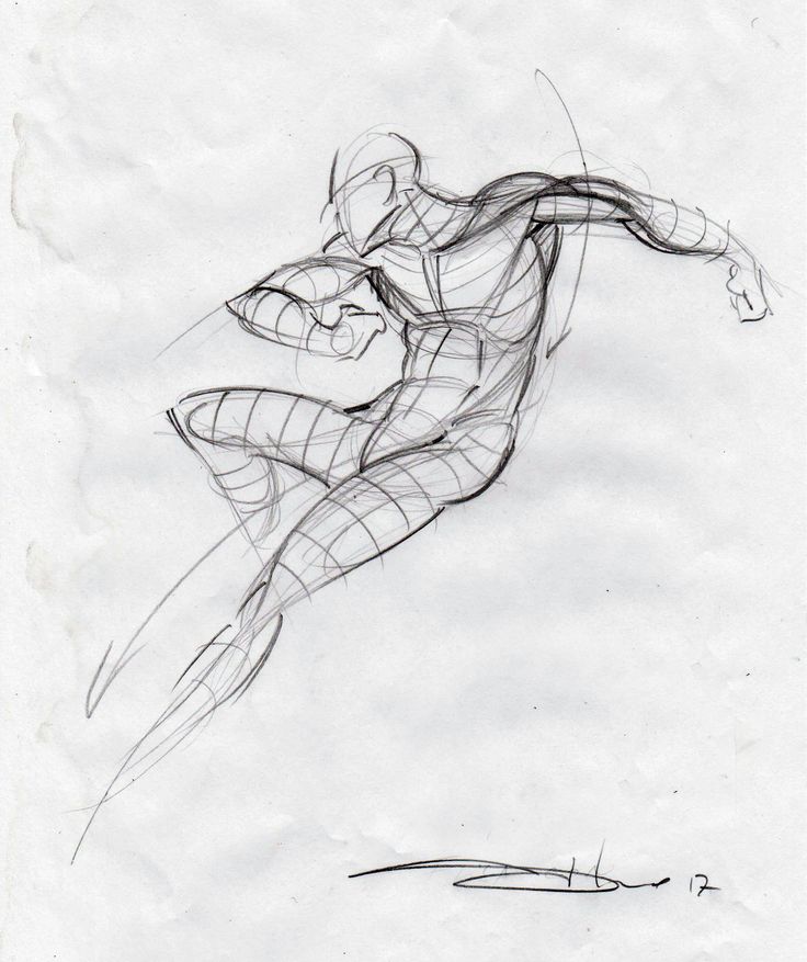 Dynamic superhero sketch in action pose with detailed line work on white background.