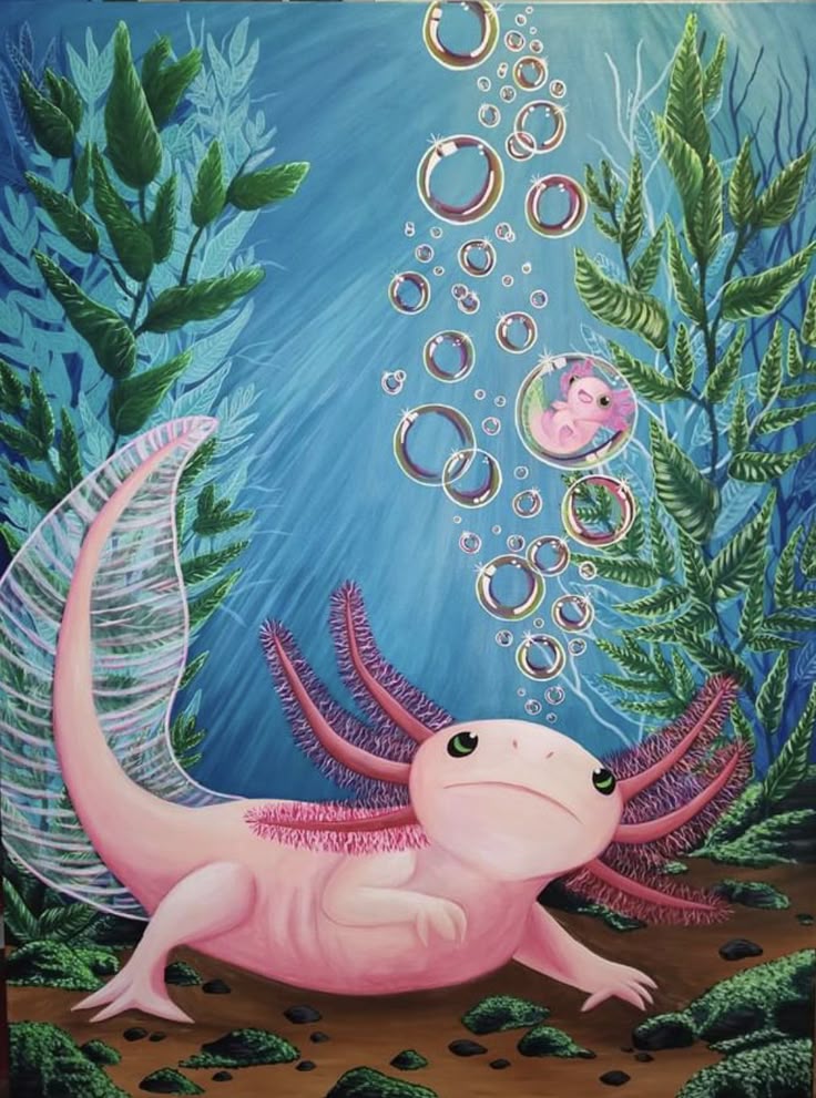 Pink axolotl swimming underwater with bubbles and aquatic plants in a whimsical illustration.