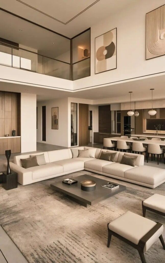_ 17 Modern living room with beige sectional sofa, artistic wall decor, and elegant dining area in open-concept luxury home. | Sky Rye Design Modern living room with beige sectional sofa, artistic wall decor, and elegant dining area in open-concept luxury home.