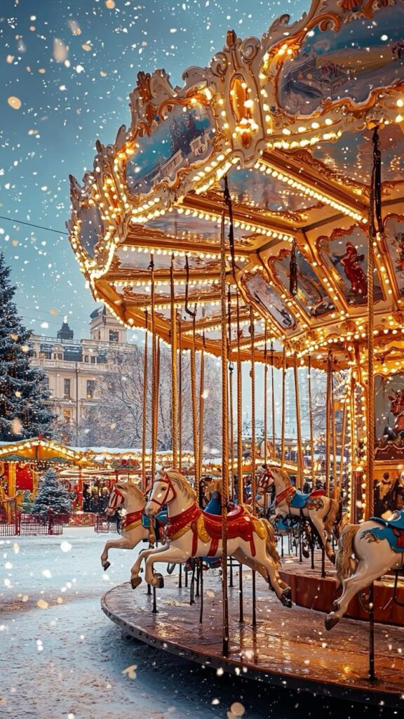 _ 17 Festive carousel in snowy winter wonderland with twinkling lights and ornate horses, evoking holiday magic. | Sky Rye Design Festive carousel in snowy winter wonderland with twinkling lights and ornate horses, evoking holiday magic.