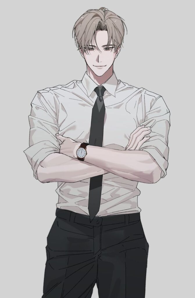 Anime character in business attire, white shirt and black tie, with crossed arms, conveying confidence and professionalism.