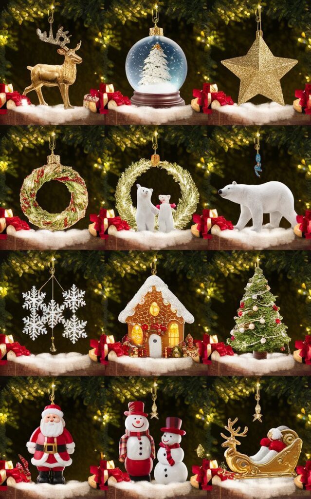Festive Christmas ornaments including reindeer, snow globe, star, and more, surrounded by twinkling lights.