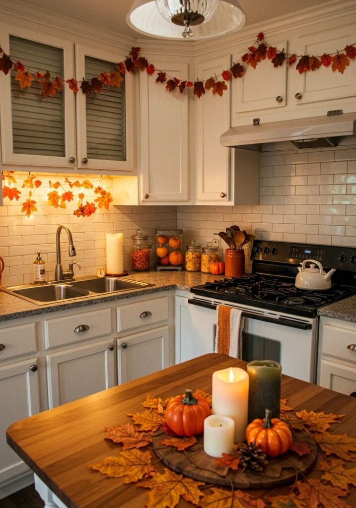 17 Fall Kitchen Decor Ideas That Instantly Add Cozy Autumn Charm Cozy kitchen with autumn decor, featuring pumpkins, candles, and fall leaves on a wooden countertop. | Sky Rye Design Cozy kitchen with autumn decor, featuring pumpkins, candles, and fall leaves on a wooden countertop.