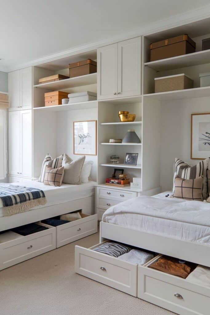 Cozy bedroom with built-in storage, twin beds, white cabinetry, and neatly organized drawers, showcasing modern design.