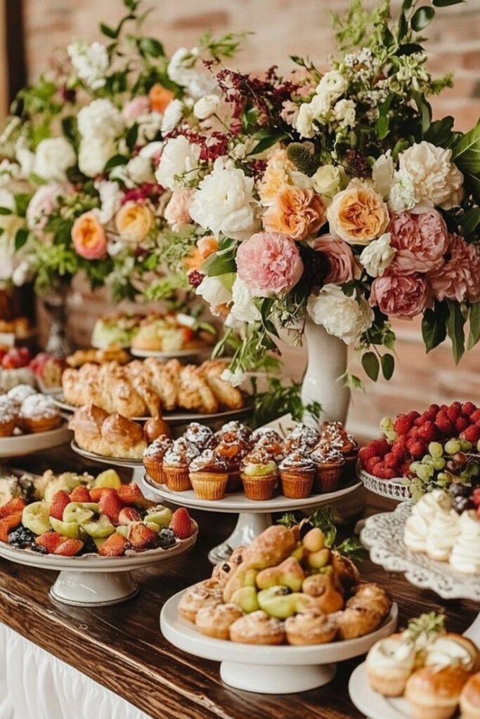 Exquisite dessert and flower display featuring cupcakes, fruit, pastries, and vibrant floral arrangements on a wooden table.
