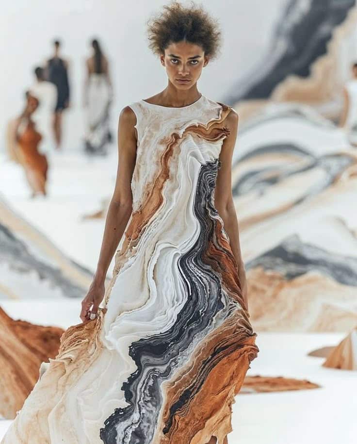 Model in a marble-patterned dress walking a fashion runway with artistic background elements.